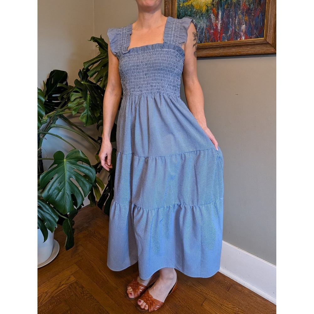 London Times Sleeveless Blue White Gingham Dress Small Milkmaid Midi Length
